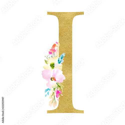 Gold and Floral Monogram Letters. Decorative ABC Alphabet