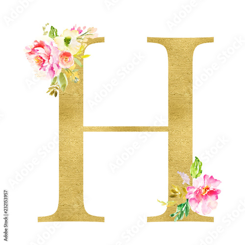 Gold and Floral Monogram Letters. Decorative ABC Alphabet