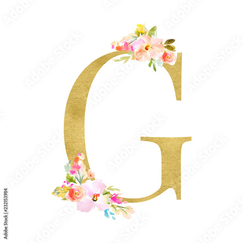 Gold and Floral Monogram Letters. Decorative ABC Alphabet