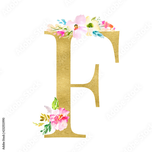 Gold and Floral Monogram Letters. Decorative ABC Alphabet