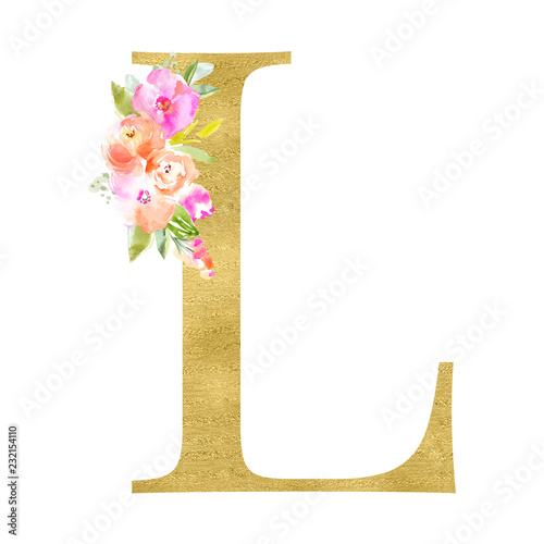 Gold and Floral Monogram Letters. Decorative ABC Alphabet