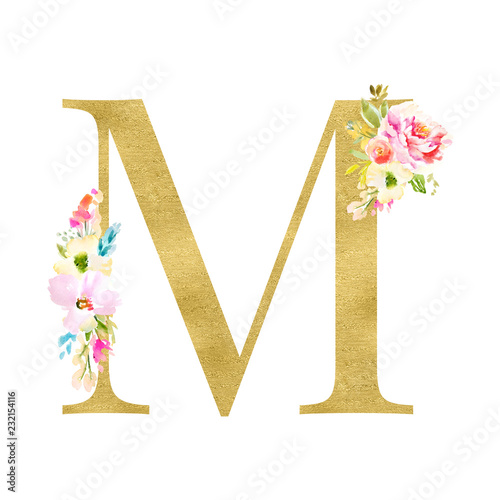 Gold and Floral Monogram Letters. Decorative ABC Alphabet