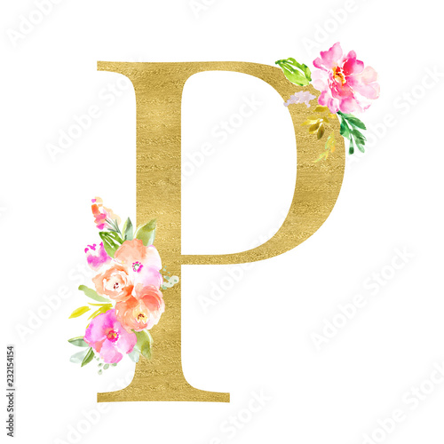 Gold and Floral Monogram Letters. Decorative ABC Alphabet