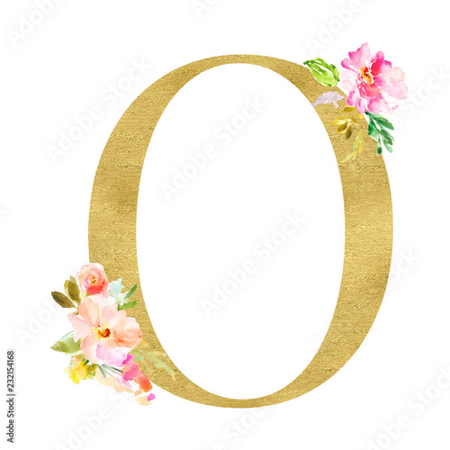 Gold and Floral Monogram Letters. Decorative ABC Alphabet