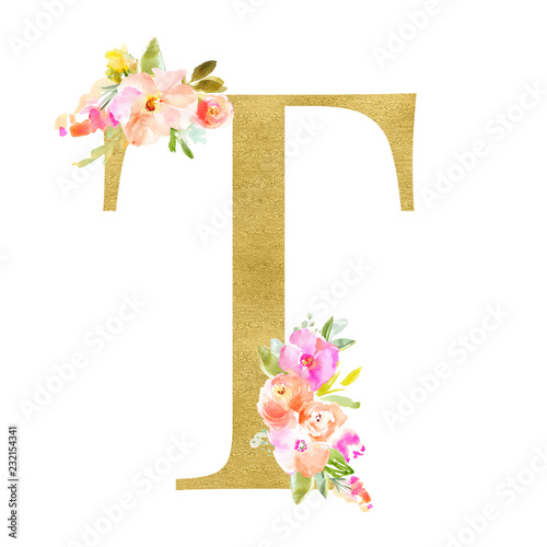 Gold and Floral Monogram Letters. Decorative ABC Alphabet