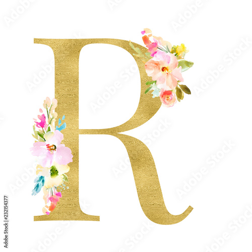 Gold and Floral Monogram Letters. Decorative ABC Alphabet