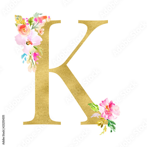 Gold and Floral Monogram Letters. Decorative ABC Alphabet