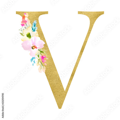 Gold and Floral Monogram Letters. Decorative ABC Alphabet