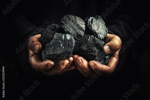 Fotomural black coal in the hands, heavy industry, heating, mineral raw materials