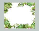 Fototapeta Kwiaty - Green tropical palm leaf and orchids flowers decorative border frame. Vector elegant template