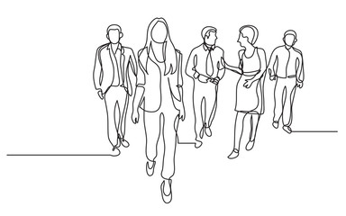 continuous line drawing of business team walking together discussing work