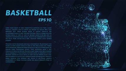 Wall Mural - Basketball glowing blue particles. Basketball player throws the ball into the basket.