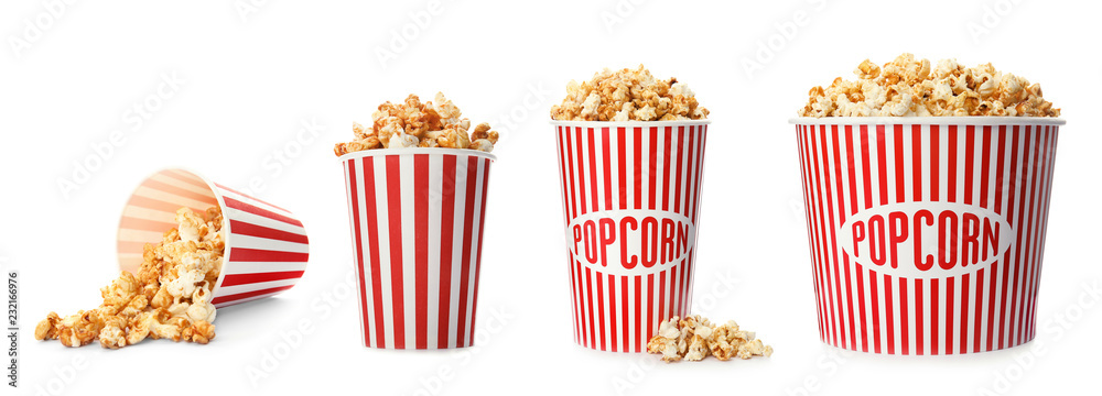 Set with different cardboard containers of caramel popcorn on white background - obrazy, fototapety, plakaty 
