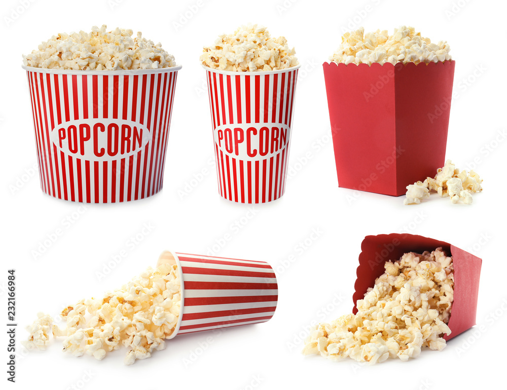 Set with different cardboard containers of tasty popcorn on white background - obrazy, fototapety, plakaty 