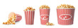 Set with different cardboard containers of caramel popcorn on white background