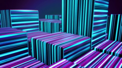 Poster - Cubes in neon lines. Abstract bright neon cubes. Abstract animation with moving cubic figures in space on dark background
