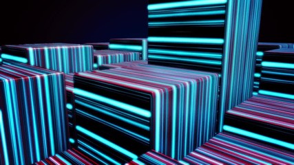 Aufkleber - Cubes in neon lines. Abstract bright neon cubes. Abstract animation with moving cubic figures in space on dark background