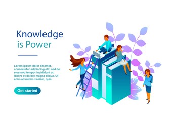Banner for online training site for people. The background image is made in the gradient: orange, yellow, blue, purple. The girl with the phone is a guy with a computer. Knowledge is power