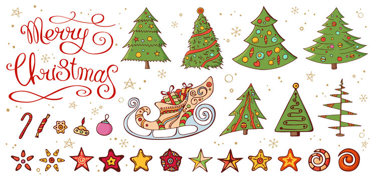 Set with vintage Christmas decoration. Festive elements, symbols for new year season design. Christmas trees, stars, candys, sleigh. Isolated on white background. Hand drawn color vector illustration.
