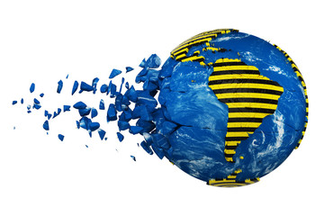 Leinwandbilder - Broken crashed planet Earth globe isolated on white background. Striped police warning safety ribbon. 3d render with maps NASA.