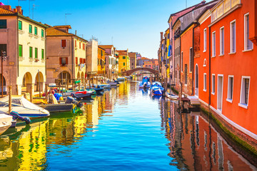 Wall Mural - Chioggia town in venetian lagoon, water canal and church. Veneto, Italy