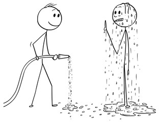 Sticker - Cartoon stick drawing conceptual illustration of surprised wet or drenched man and another man holding water hose.