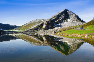 Reflections on the lake Enol de Covadonga, Spain
