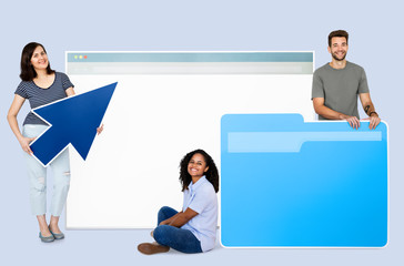 Wall Mural - People with a webpage, a folder, and a cursor icons