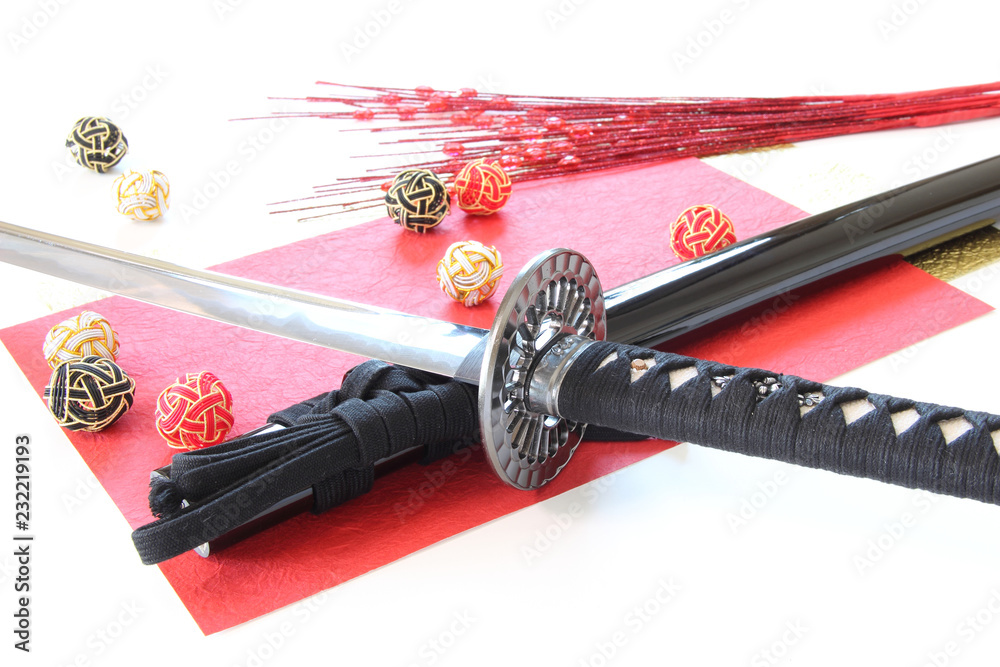 日本刀（偽物）と和紙と水引玉 Stock Photo | Adobe Stock 
