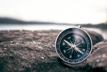 Compass On Rock In The Nature, Color Vintage Style