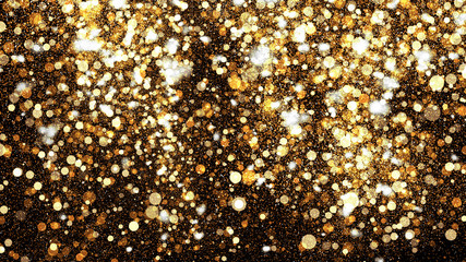 Wall Mural - golden glitter dust on black background. sparkling splash illustration with gold powder. bokeh glowi