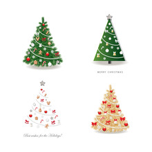 Christmas Tree Decorated Set. Realistic, Golden And Simple Paper Cut Out.
