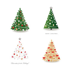 Christmas tree decorated set. Realistic, golden and simple paper cut out.