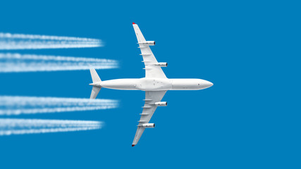 modern jet engine airplane with contrail in white color scheme flying on blue sky panoramic aviation