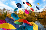 Fototapeta  - Lebensfreude: Windiger Herbsttag mit bunten Regenschirmen :)