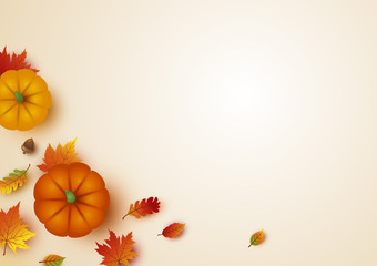 Wall Mural - Thanksgiving design of pumpkin and maple leaves with copy space vector illustration