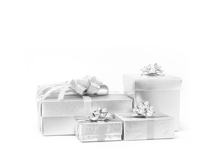 Celebration silver gift boxes with ribbon flower bow for decoration