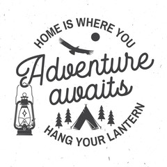 Wall Mural - adventure awaits. vector illustration. concept for badge, shirt or logo, print, stamp. vintage typog