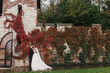 © sonyachny - Gorgeous bride and stylish groom gently hugging and smiling at  old wall of autumn red leaves. Happy sensual wedding couple embracing. Romantic moments of newlyweds