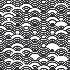  Seigaiha or seigainami literally means wave of the sea. seamless pattern abstract scales simple Nature background with japanese circle white black colors. Vector