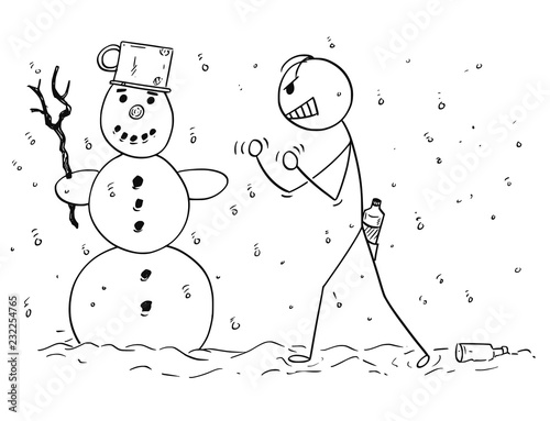 Fotografia, Obraz Cartoon stick drawing conceptual illustration of drunk or drunken man who is trying to fist fight with snowman by mistake