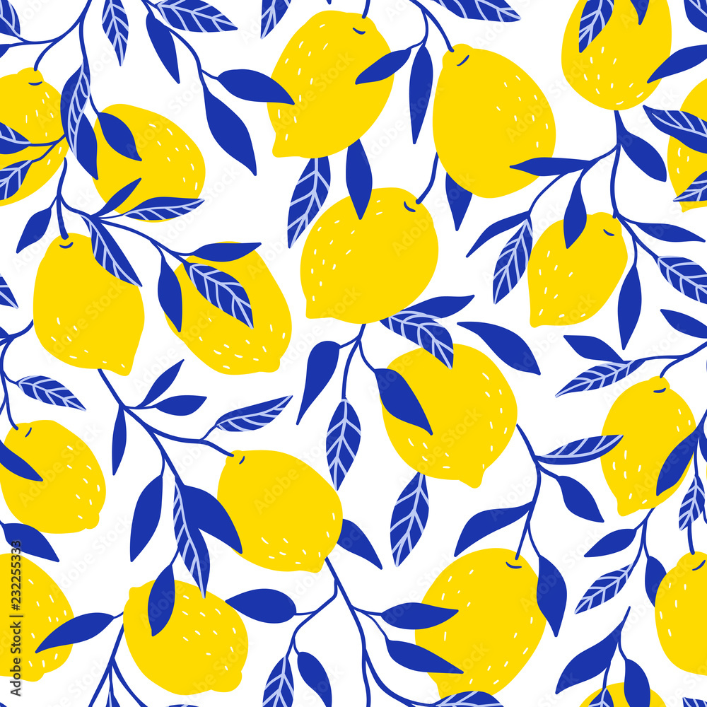 Tropical seamless pattern with yellow lemons. Fruit repeated background ...