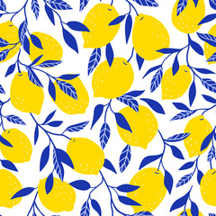 Wall Mural - Tropical seamless pattern with yellow lemons. Fruit repeated background. Vector bright print for fabric or wallpaper.