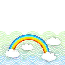 Card Banner Design Kawaii White Clouds Pattern On Blue Mint Orange Japanese Wave Rainbow Background. Vector