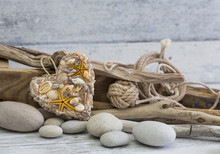Beach Still Life With Shell Heart, Pebble And Driftwood