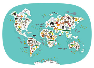cartoon animal world map for children and kids, animals from all over the world, white continents an