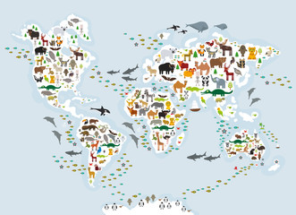 cartoon animal world map for children and kids, animals from all over the world, white continents an