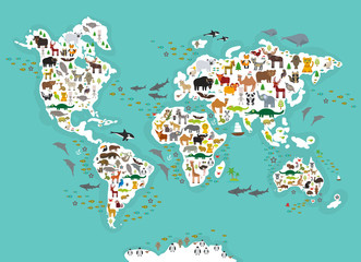 cartoon animal world map for children and kids, animals from all over the world, white continents an