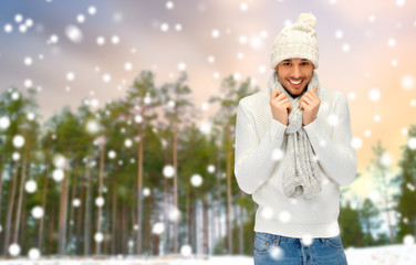 Poster - holidays, christmas and people concept - smiling young man in knitted hat and scarf over winter forest and snow background