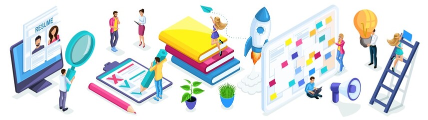 Poster - Isometric set of people and business icons on a white background. People in the process of work, job search, recruiting, creating ideas, beginning entrepreneurs